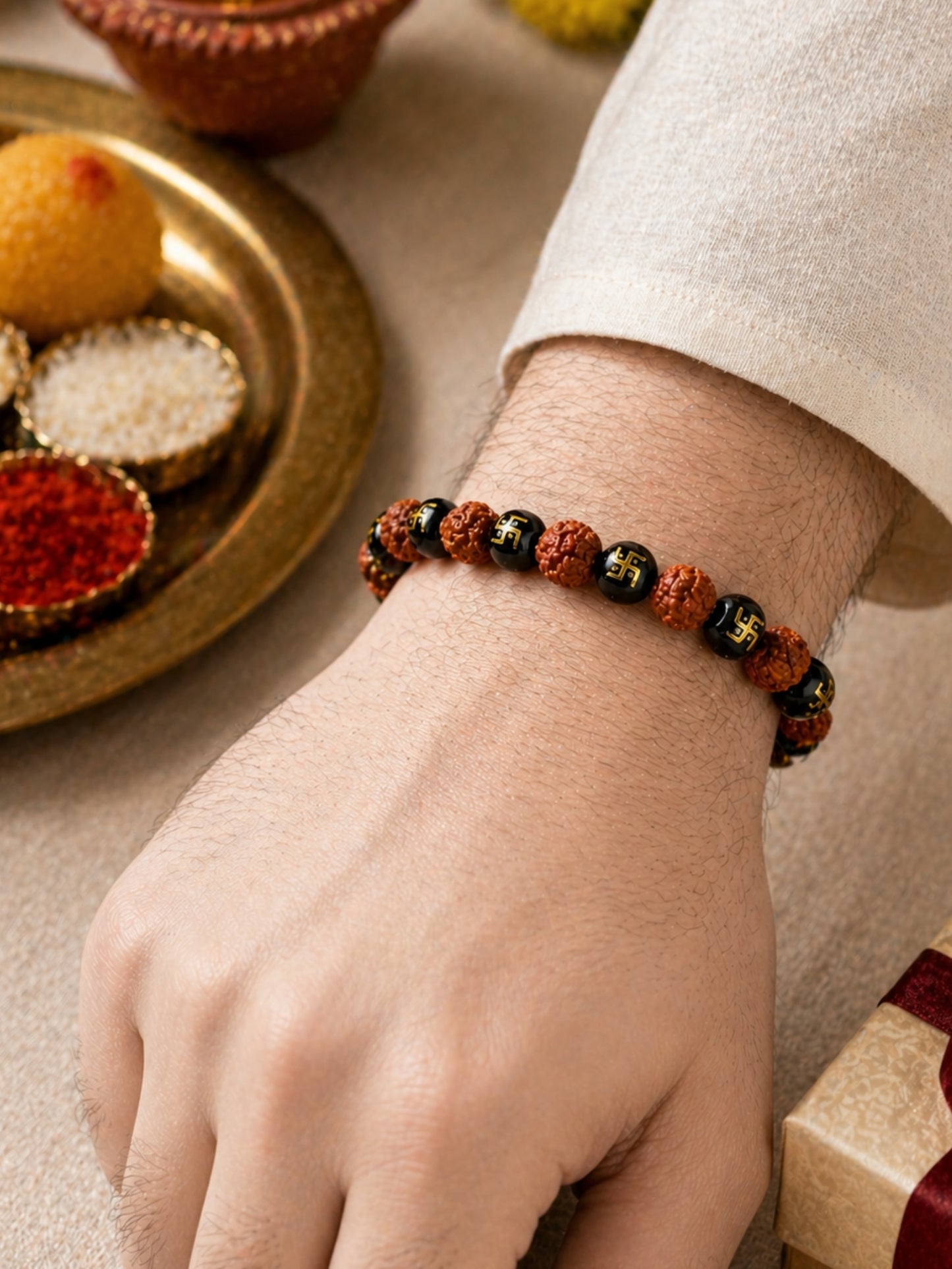 (Set of 3) Om Swastik Rudraksha Beaded Bracelet Rakhi Bro