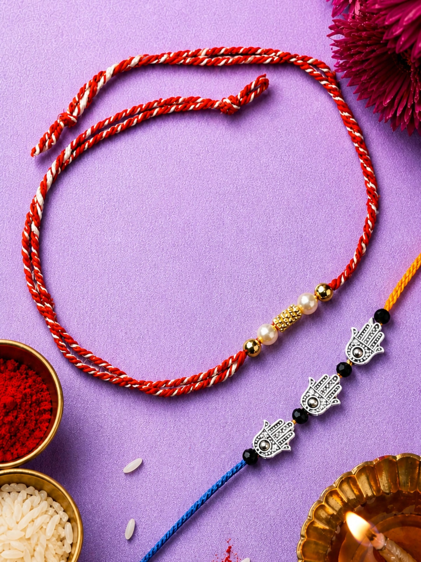 (Set of 2) Pearl Hamsa Rakhi Bracelet For Bro