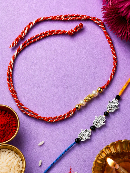 (Set of 2) Pearl Hamsa Rakhi Bracelet For Bro