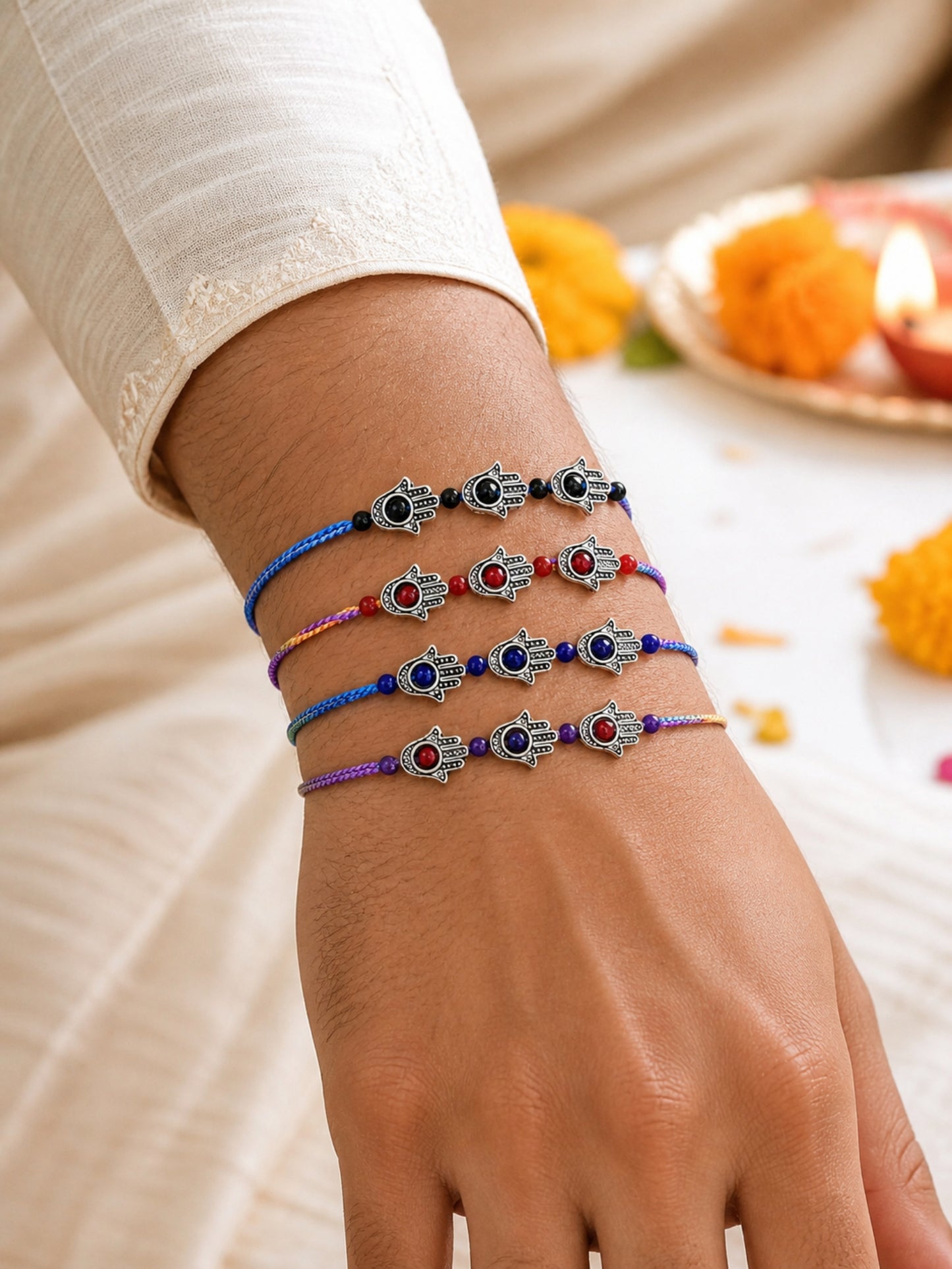 (Set of 4) Hamsa Evil Eye Rakhi Bracelet Bro