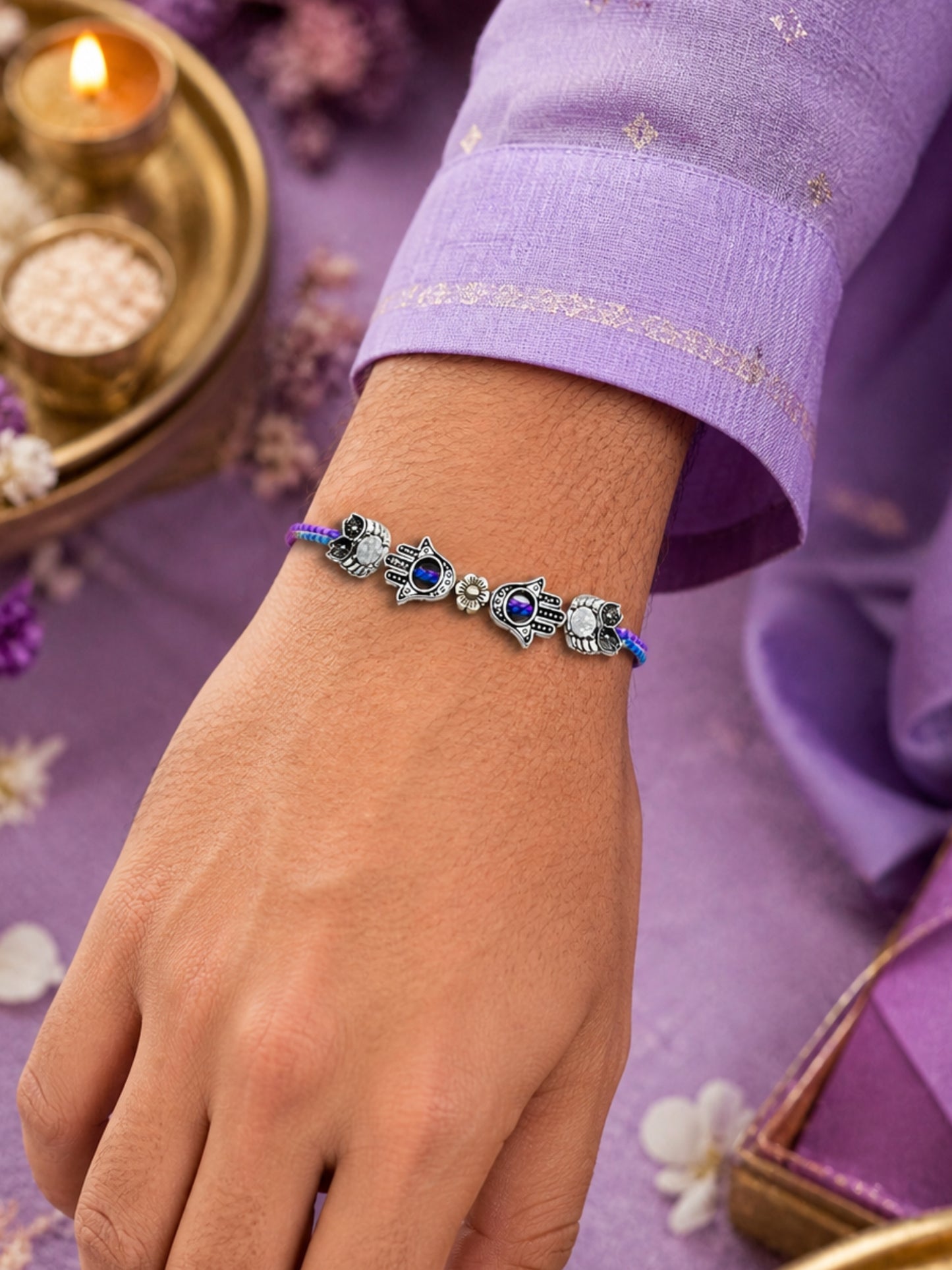 Silver-Plated Hamsa Evil Eye Owl Rakhi Bracelet For Bro