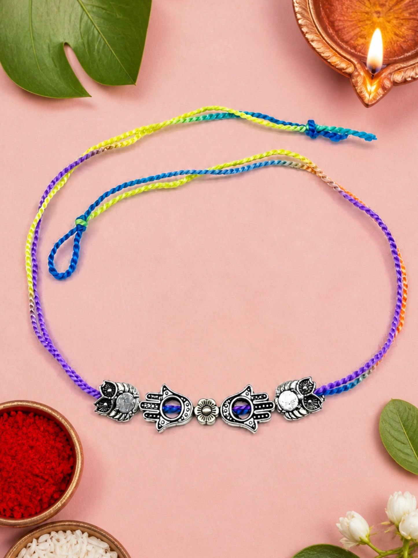 Silver-Plated Hamsa Evil Eye Owl Rakhi Bracelet For Bro