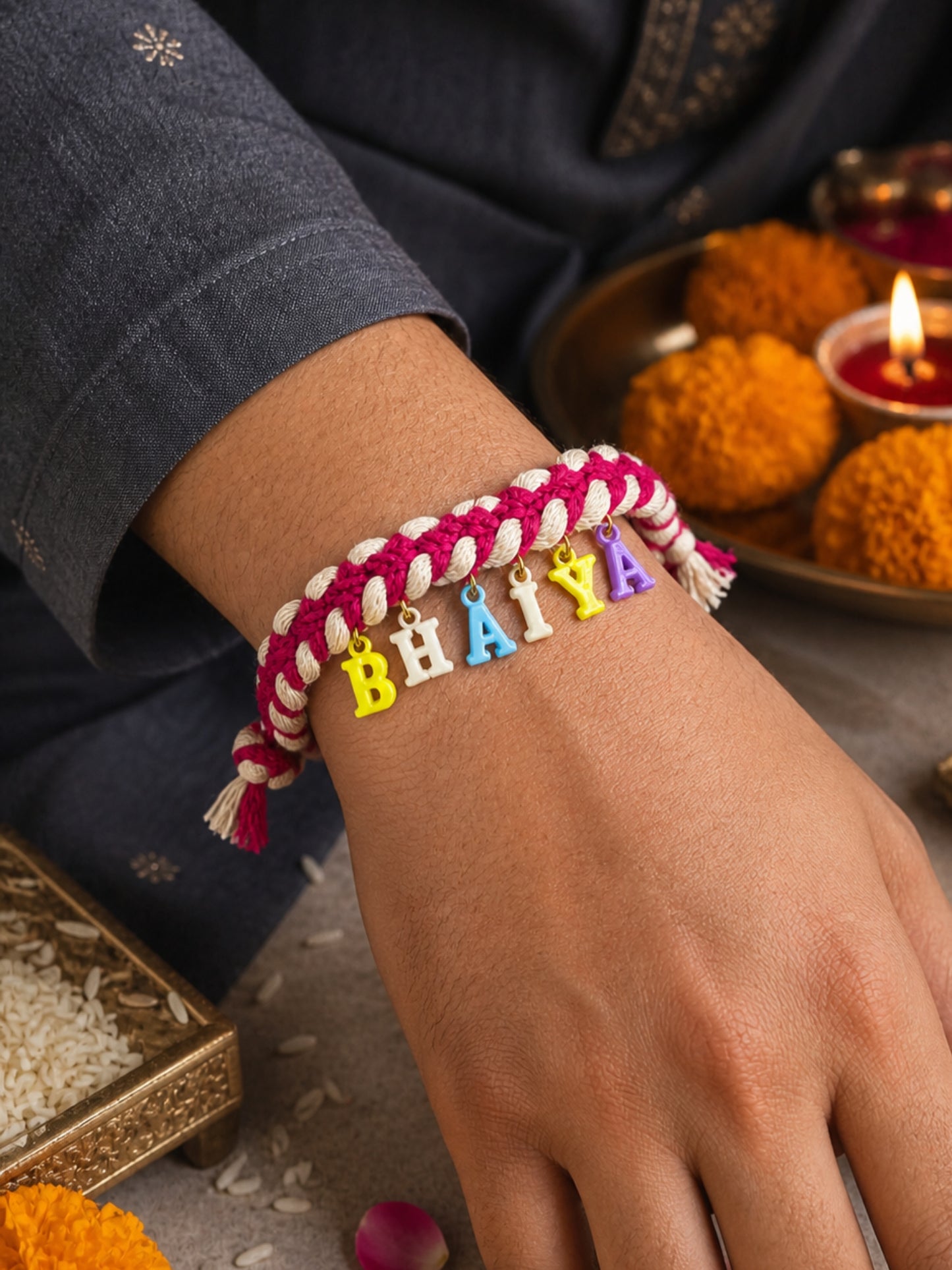 Bhaiya Alphabet Charm Rakhi Bracelet for Bhai Bro
