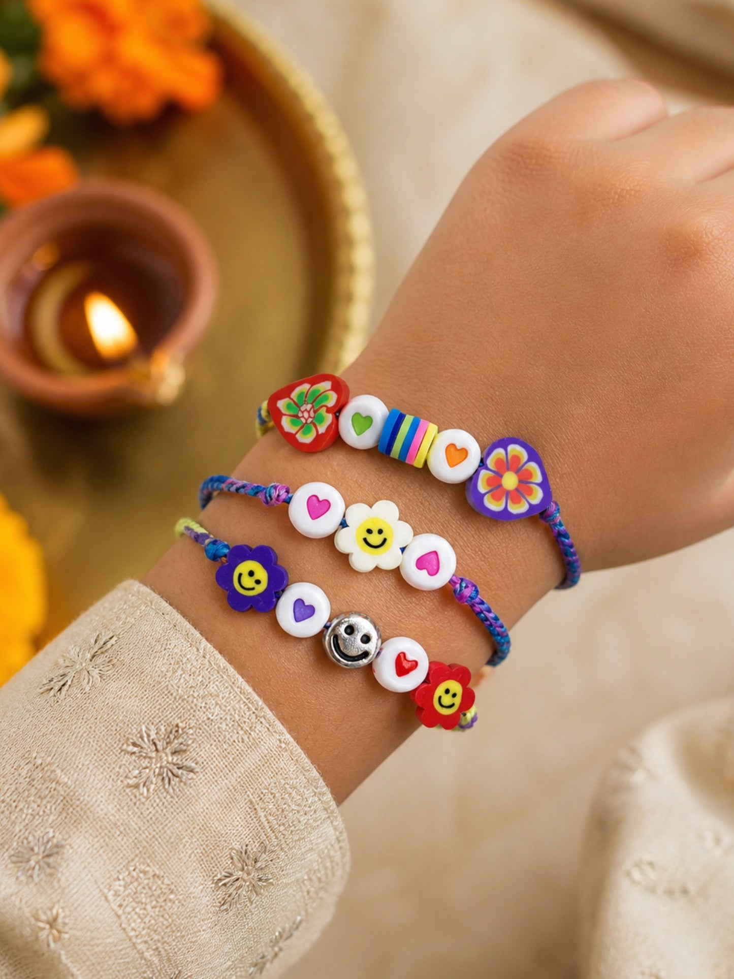 (Set of 3) Smiley Flower Kids Rakhi Bracelet Bhai Bhaiya Bro