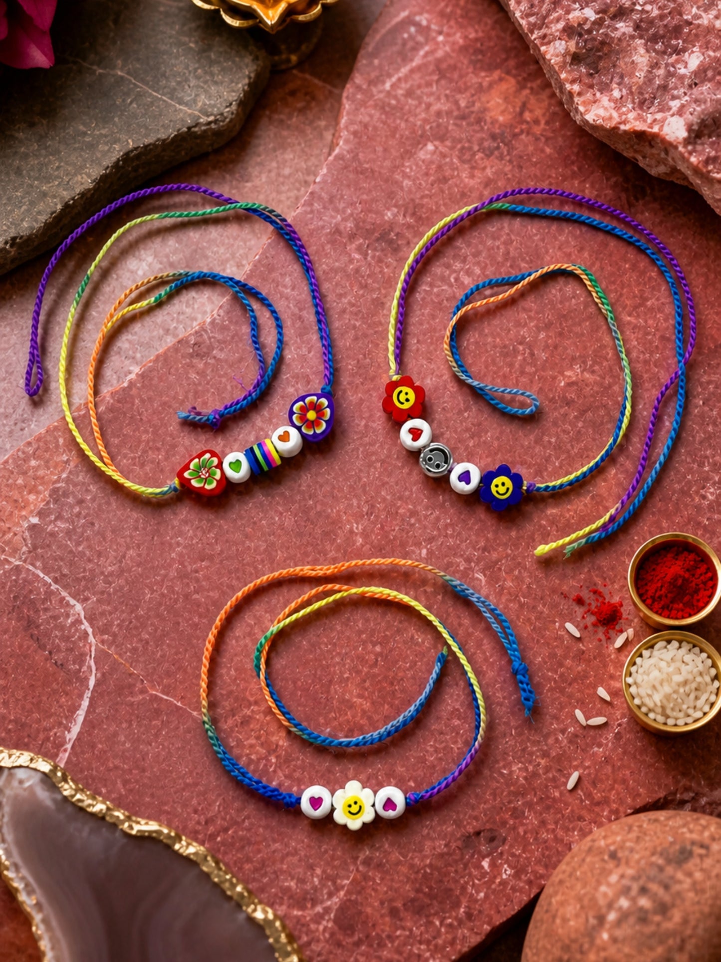 (Set of 3) Smiley Flower Kids Rakhi Bracelet Bhai Bhaiya Bro
