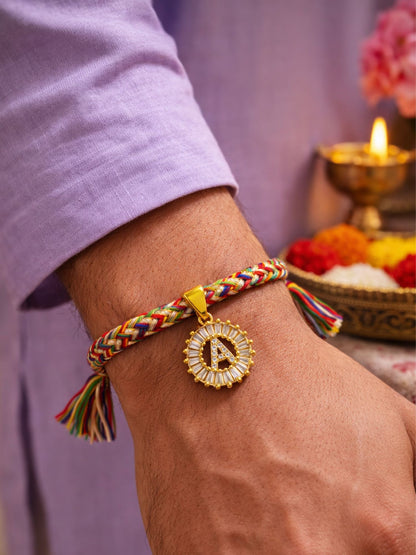 A TO Z Alphabet American Diamond Charm Initial Name Lumba Rakhi Bracelet For Bhaiya Bhabhi