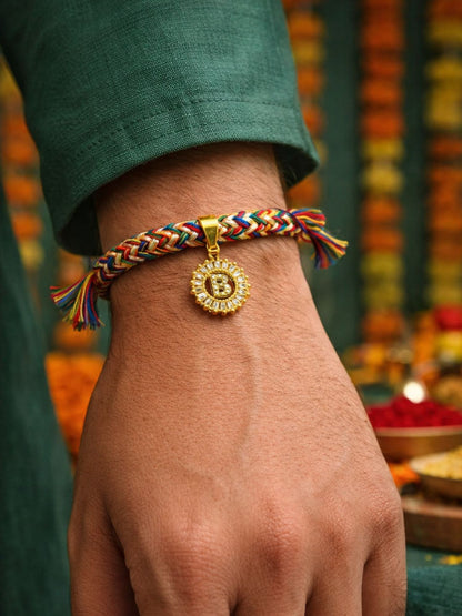 A TO Z Alphabet American Diamond Charm Initial Name Lumba Rakhi Bracelet For Bhaiya Bhabhi