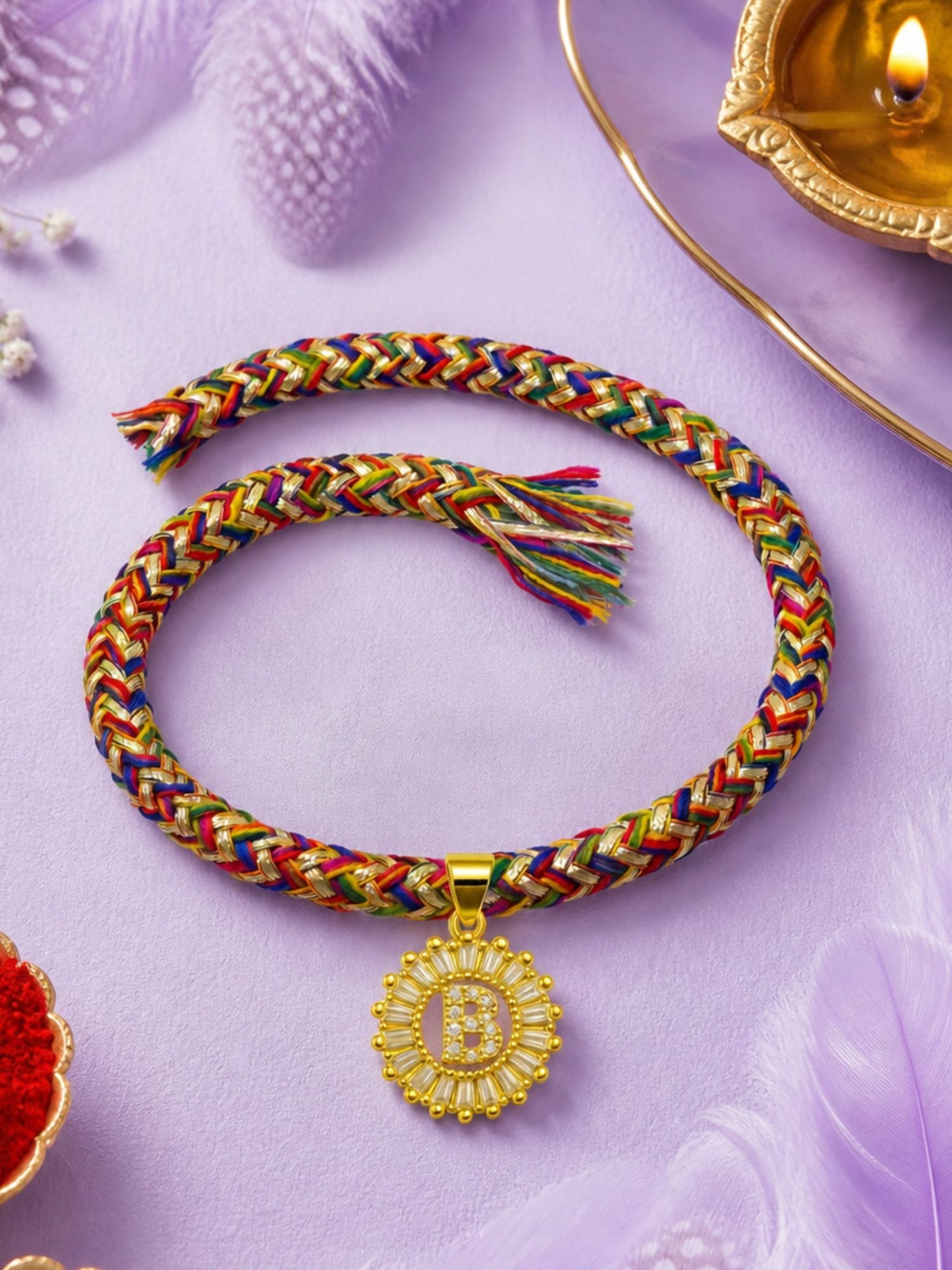 A TO Z Alphabet American Diamond Charm Initial Name Lumba Rakhi Bracelet For Bhaiya Bhabhi