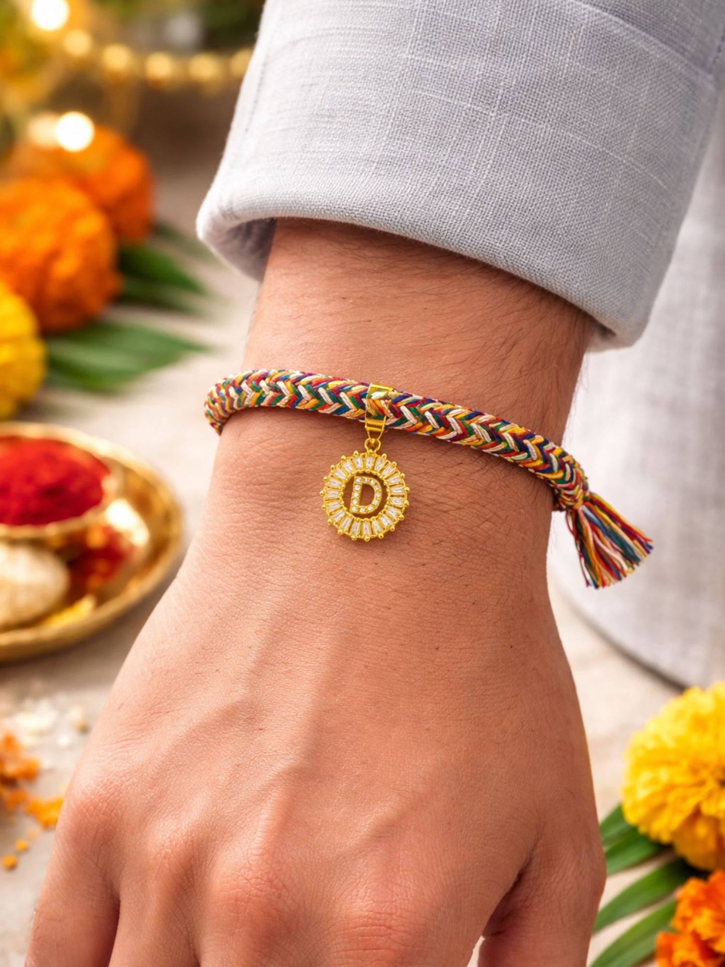 A TO Z Alphabet American Diamond Charm Initial Name Lumba Rakhi Bracelet For Bhaiya Bhabhi