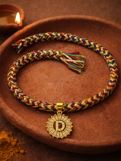 A TO Z Alphabet American Diamond Charm Initial Name Lumba Rakhi Bracelet For Bhaiya Bhabhi