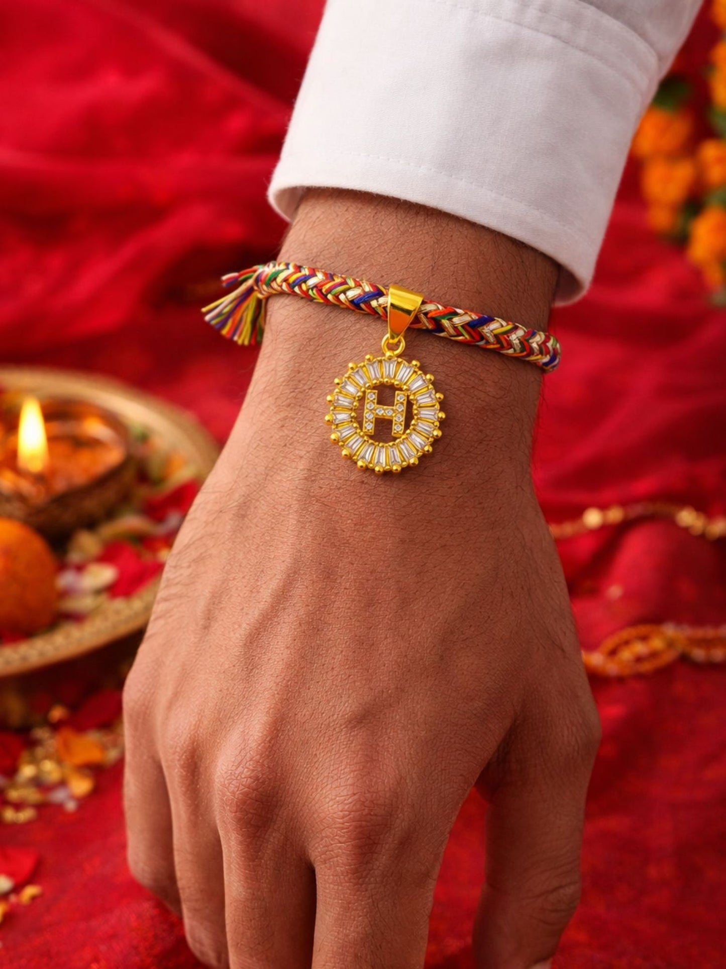 A TO Z Alphabet American Diamond Charm Initial Name Lumba Rakhi Bracelet For Bhaiya Bhabhi