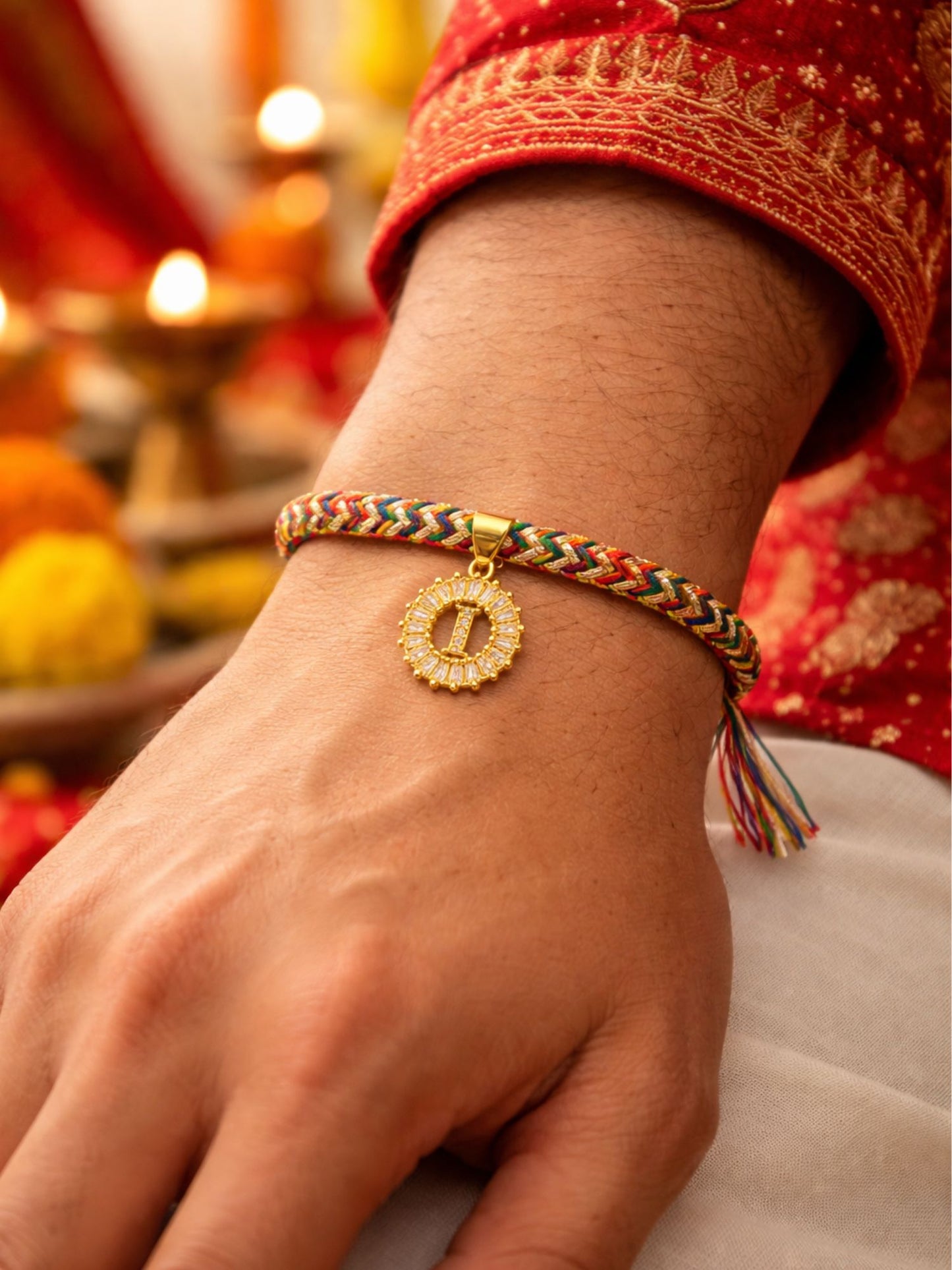 A TO Z Alphabet American Diamond Charm Initial Name Lumba Rakhi Bracelet For Bhaiya Bhabhi