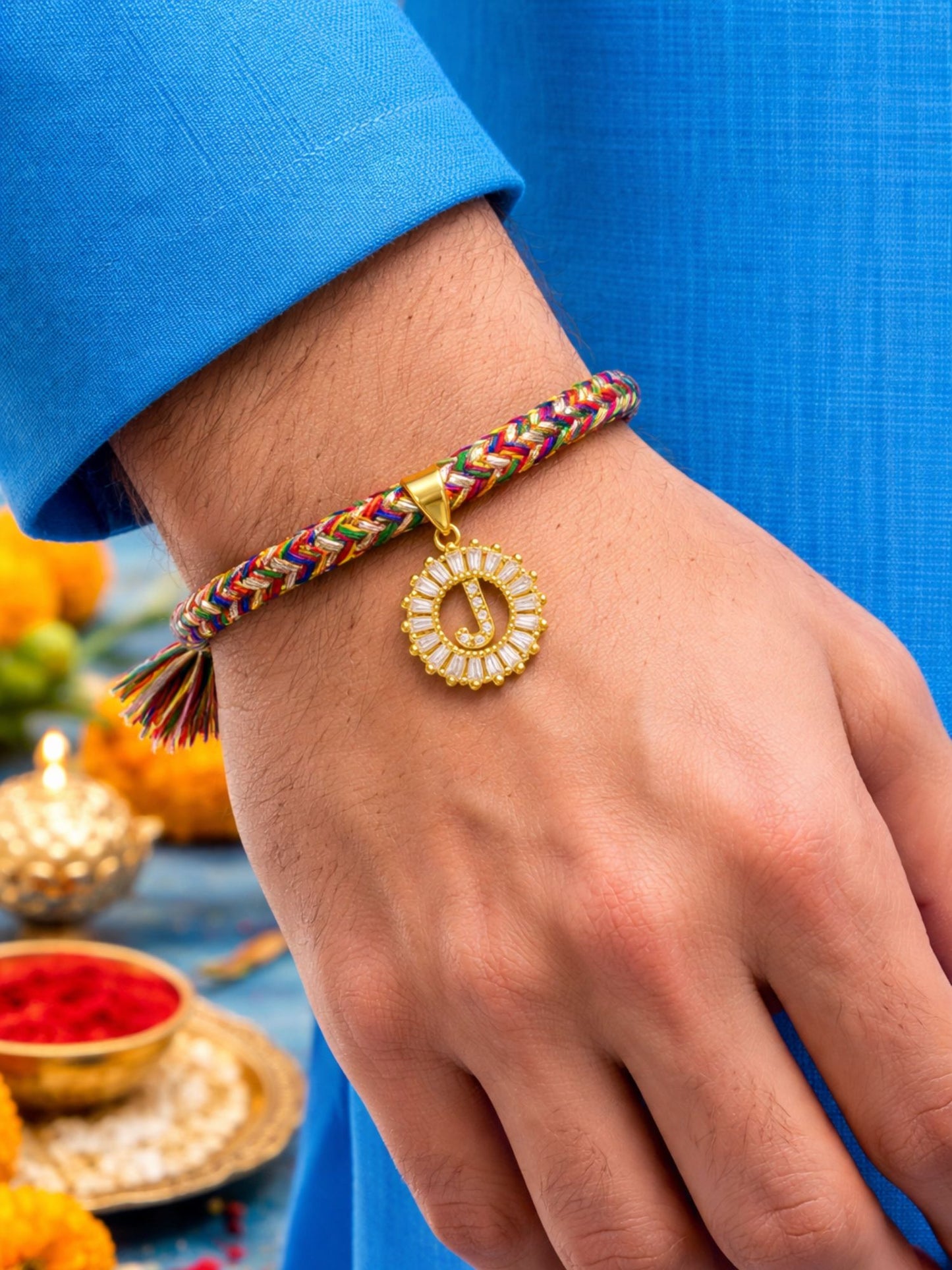 A TO Z Alphabet American Diamond Charm Initial Name Lumba Rakhi Bracelet For Bhaiya Bhabhi