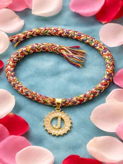 A TO Z Alphabet American Diamond Charm Initial Name Lumba Rakhi Bracelet For Bhaiya Bhabhi