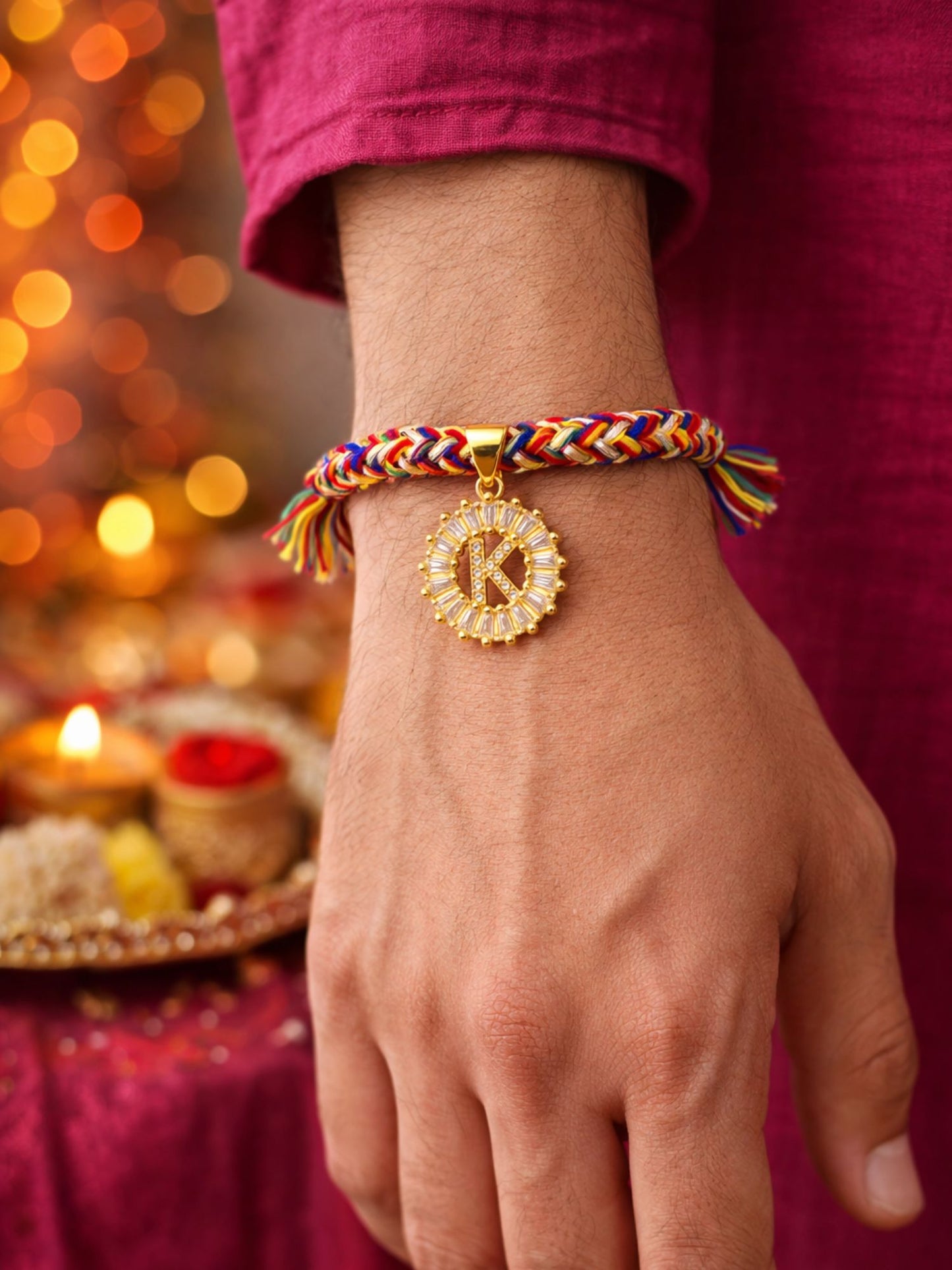 A TO Z Alphabet American Diamond Charm Initial Name Lumba Rakhi Bracelet For Bhaiya Bhabhi
