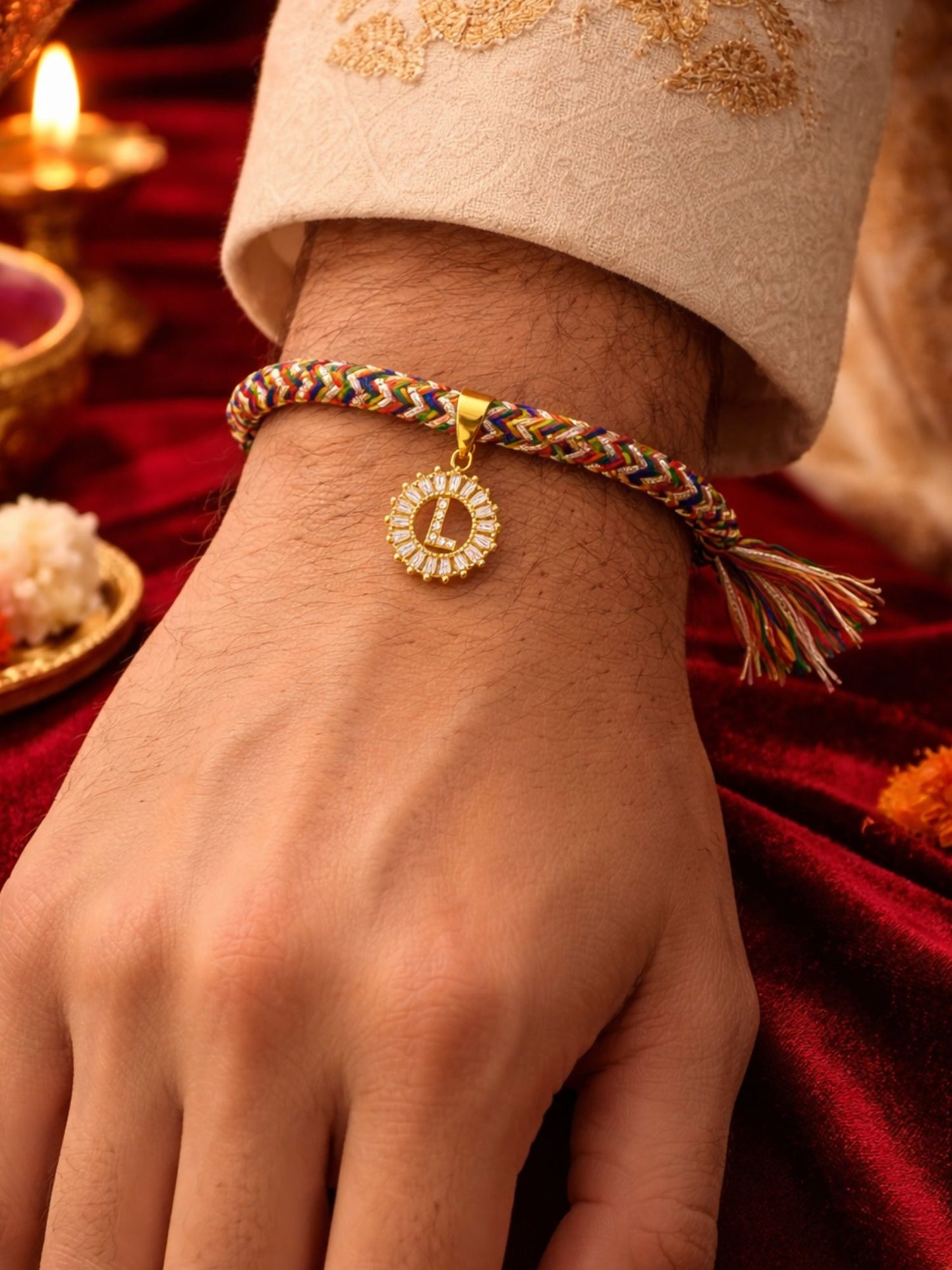 A TO Z Alphabet American Diamond Charm Initial Name Lumba Rakhi Bracelet For Bhaiya Bhabhi