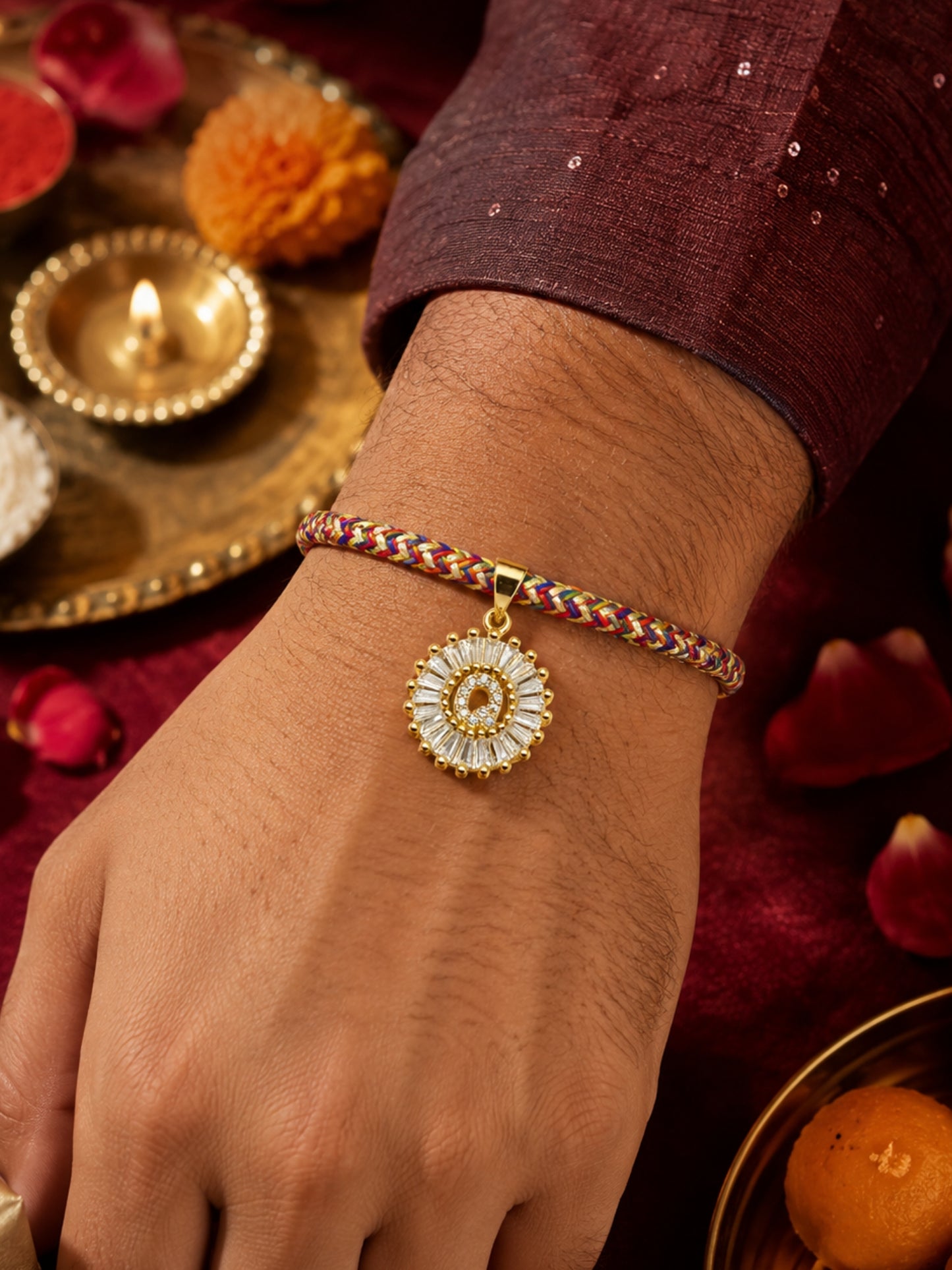A TO Z Alphabet American Diamond Charm Initial Name Lumba Rakhi Bracelet For Bhaiya Bhabhi