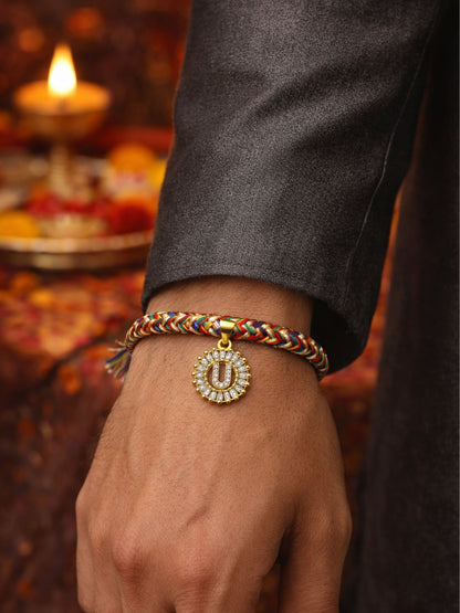 A TO Z Alphabet American Diamond Charm Initial Name Lumba Rakhi Bracelet For Bhaiya Bhabhi