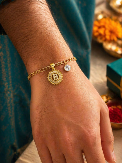 A TO Z Alphabet Circular Crystal Charm Initial Name Lumba Rakhi Bracelet For Bhaiya Bhabhi