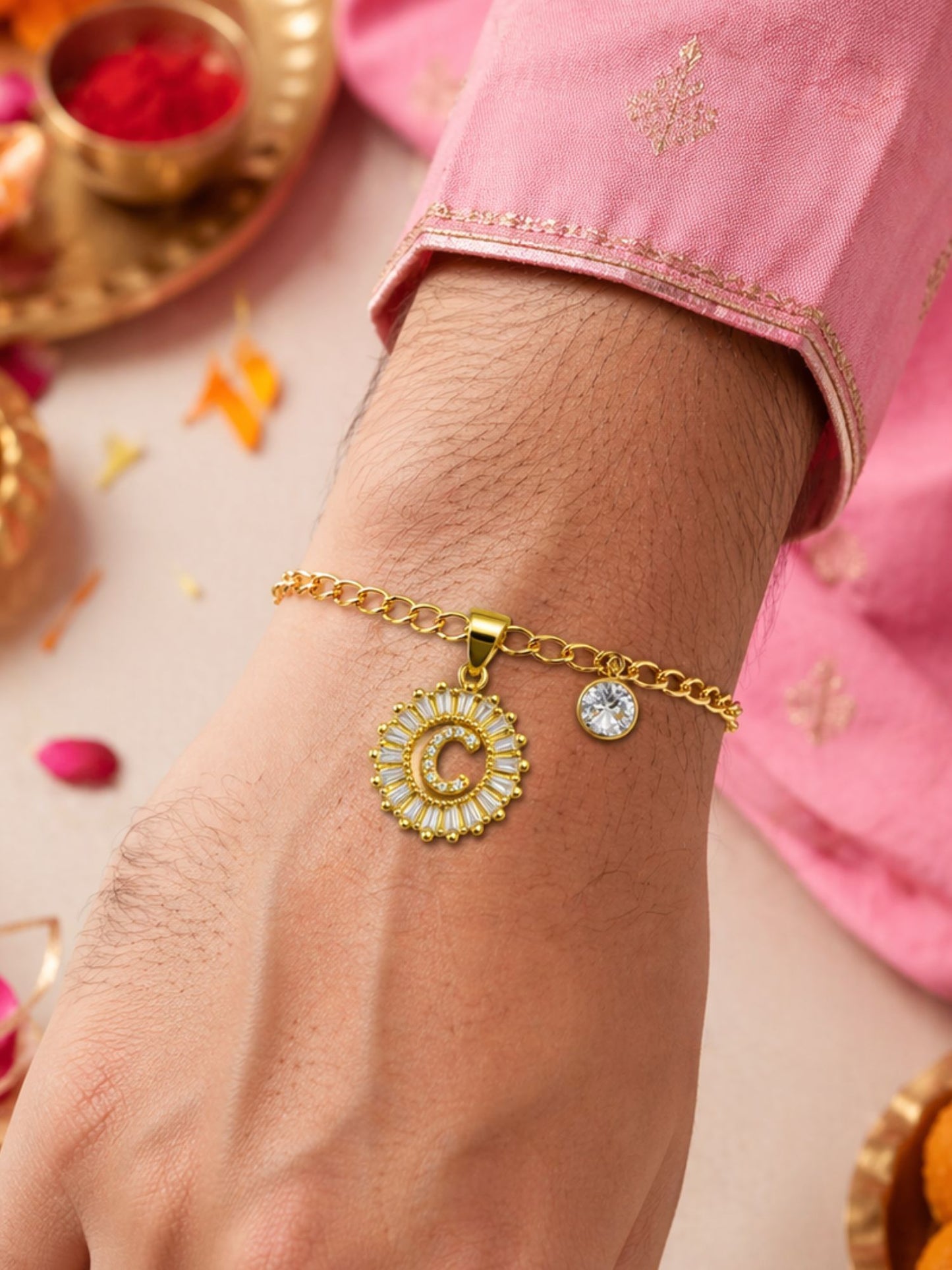 A TO Z Alphabet Circular Crystal Charm Initial Name Lumba Rakhi Bracelet For Bhaiya Bhabhi