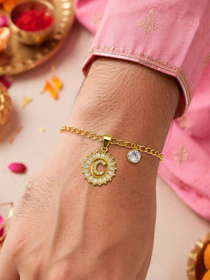 A TO Z Alphabet Circular Crystal Charm Initial Name Lumba Rakhi Bracelet For Bhaiya Bhabhi