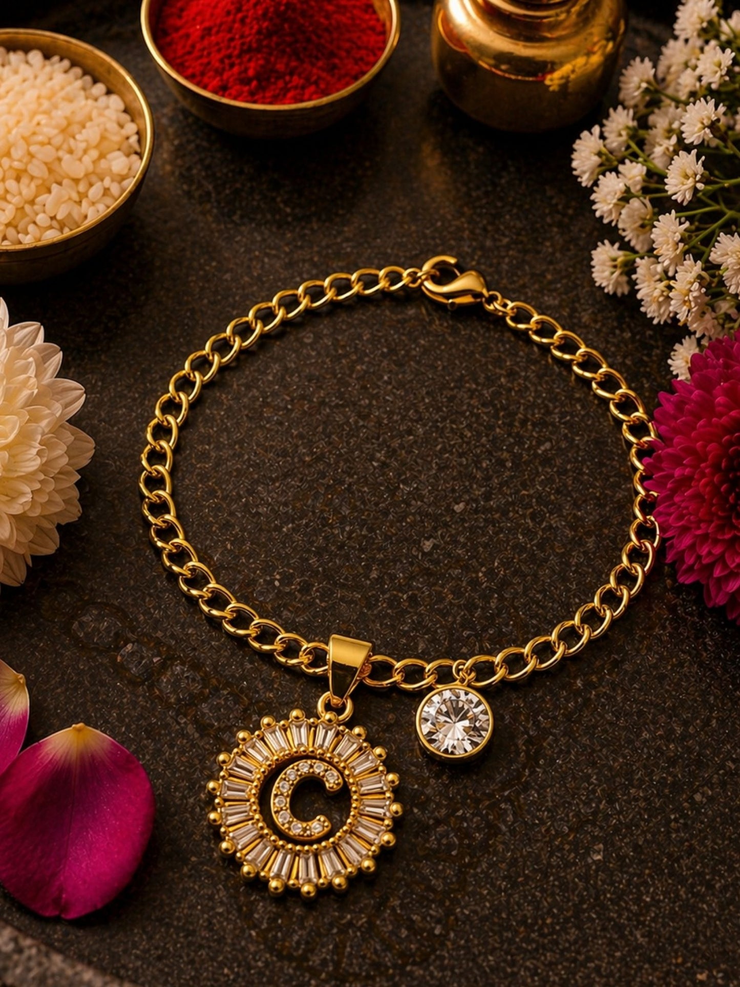 A TO Z Alphabet Circular Crystal Charm Initial Name Lumba Rakhi Bracelet For Bhaiya Bhabhi