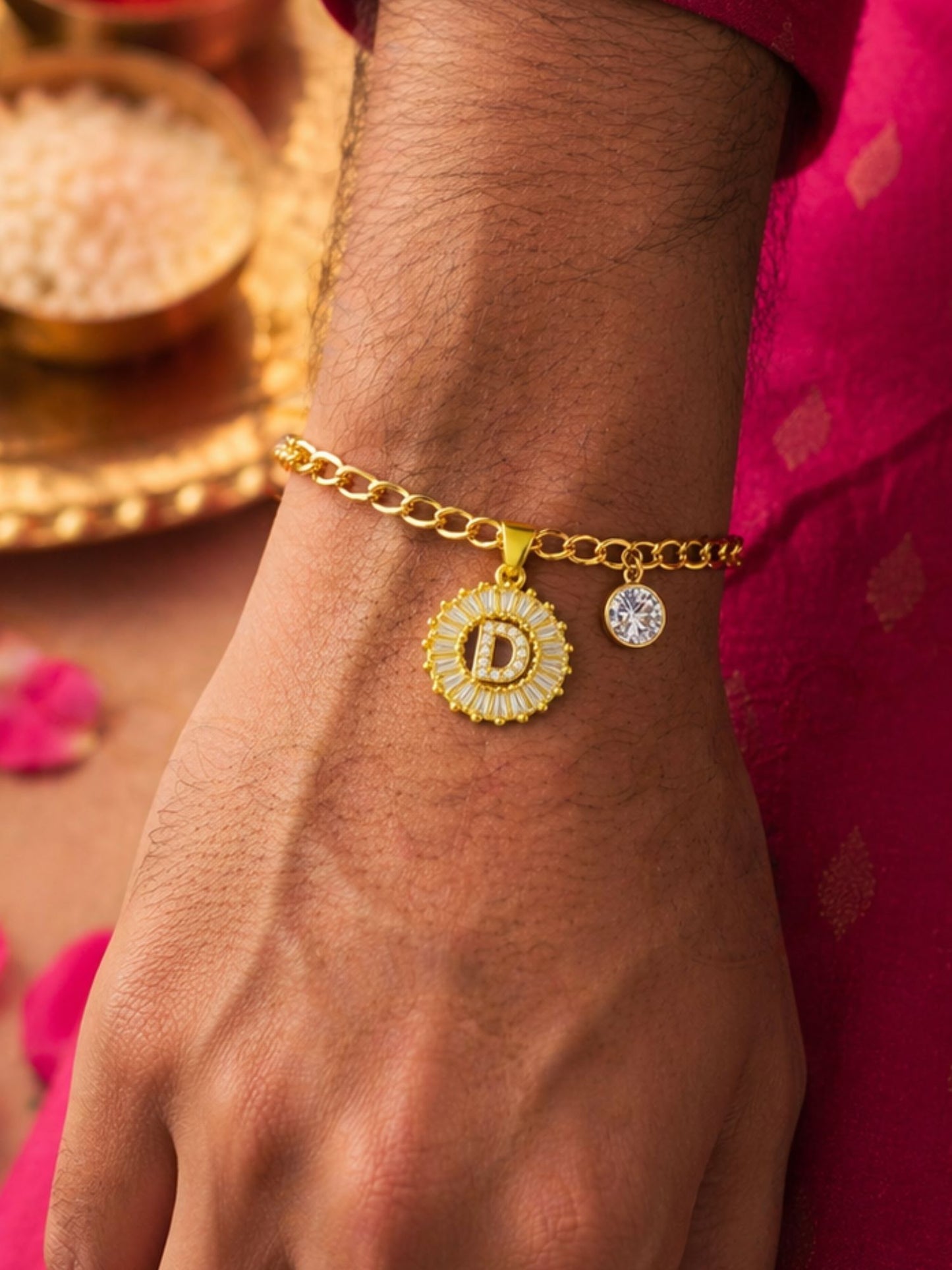 A TO Z Alphabet Circular Crystal Charm Initial Name Lumba Rakhi Bracelet For Bhaiya Bhabhi