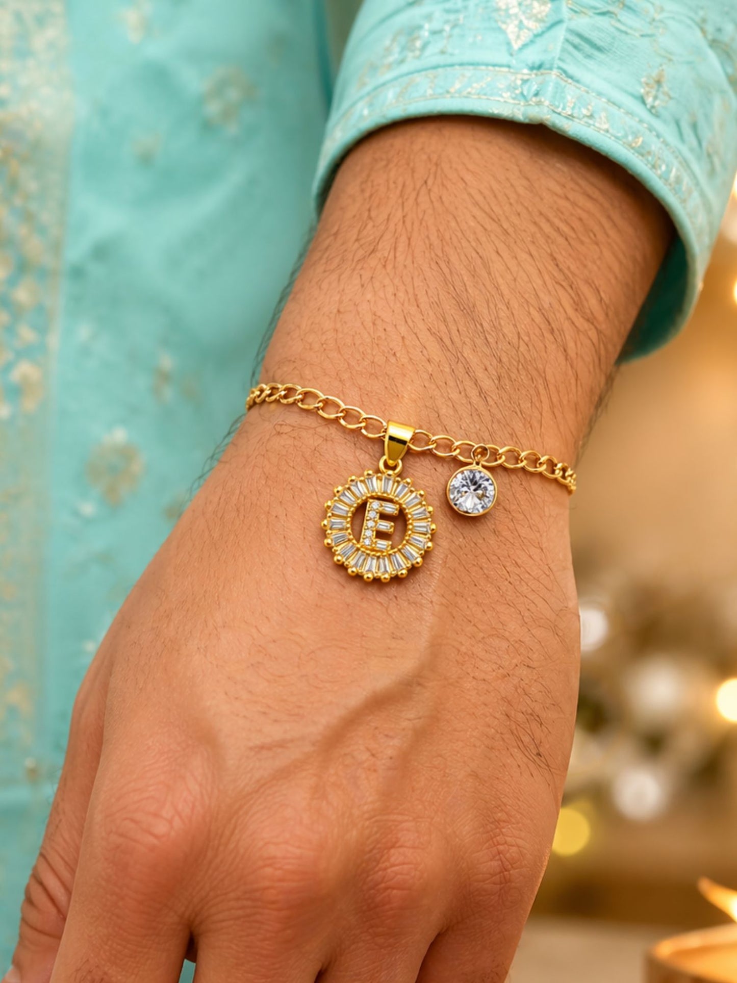 A TO Z Alphabet Circular Crystal Charm Initial Name Lumba Rakhi Bracelet For Bhaiya Bhabhi