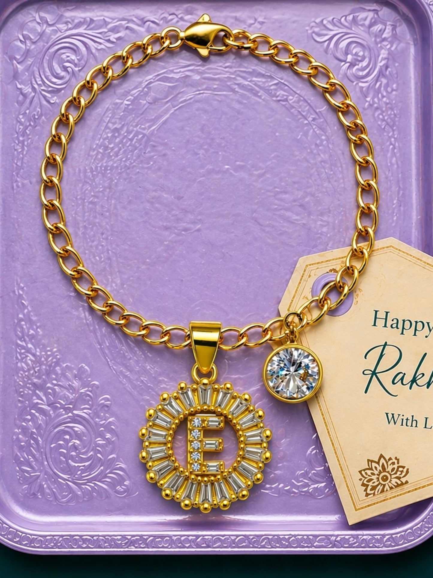 A TO Z Alphabet Circular Crystal Charm Initial Name Lumba Rakhi Bracelet For Bhaiya Bhabhi
