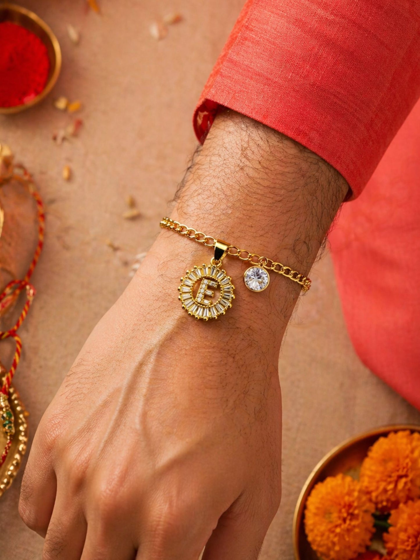 A TO Z Alphabet Circular Crystal Charm Initial Name Lumba Rakhi Bracelet For Bhaiya Bhabhi