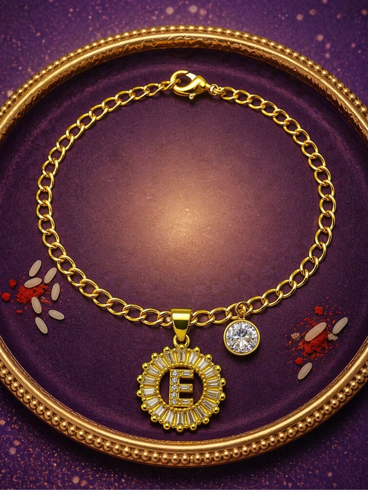 A TO Z Alphabet Circular Crystal Charm Initial Name Lumba Rakhi Bracelet For Bhaiya Bhabhi