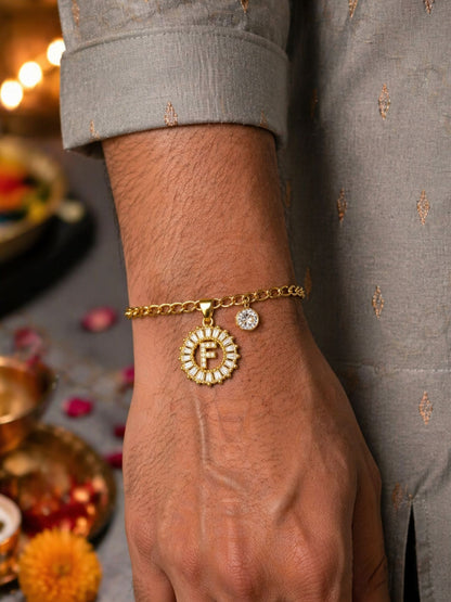 A TO Z Alphabet Circular Crystal Charm Initial Name Lumba Rakhi Bracelet For Bhaiya Bhabhi
