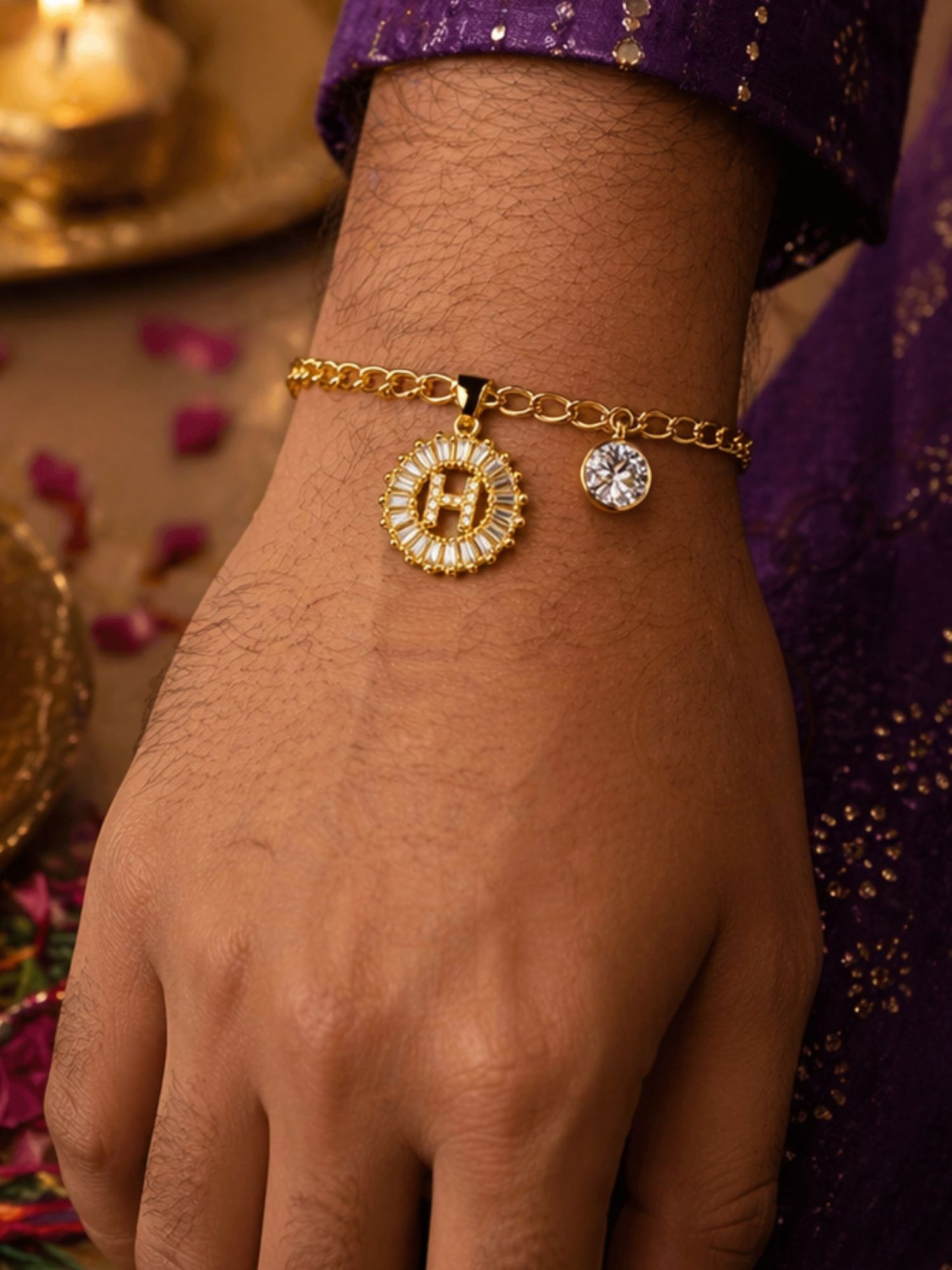 A TO Z Alphabet Circular Crystal Charm Initial Name Lumba Rakhi Bracelet For Bhaiya Bhabhi