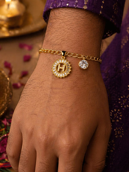 A TO Z Alphabet Circular Crystal Charm Initial Name Lumba Rakhi Bracelet For Bhaiya Bhabhi