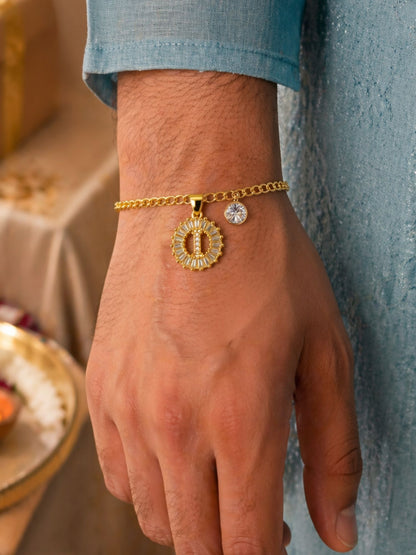 A TO Z Alphabet Circular Crystal Charm Initial Name Lumba Rakhi Bracelet For Bhaiya Bhabhi