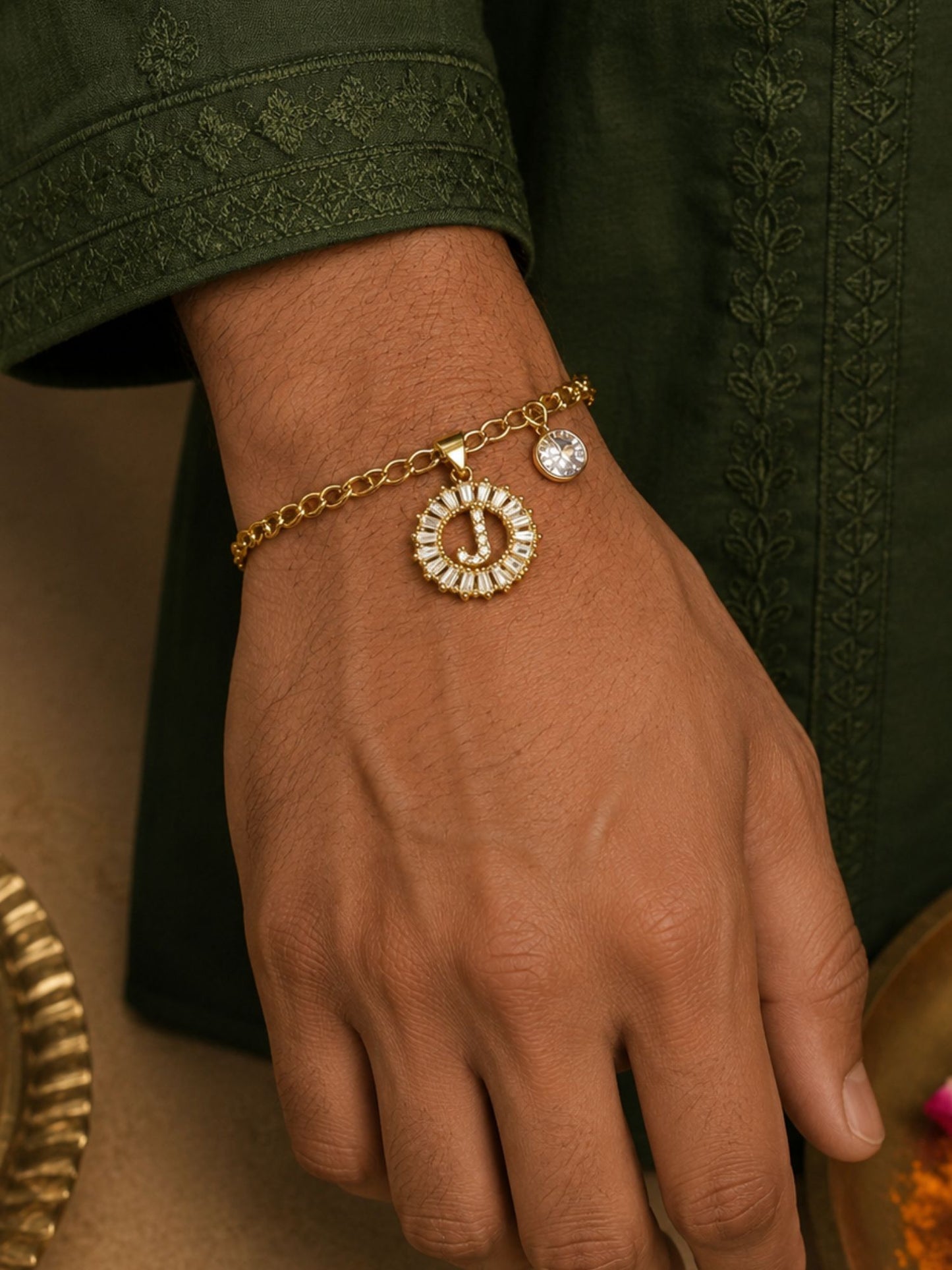 A TO Z Alphabet Circular Crystal Charm Initial Name Lumba Rakhi Bracelet For Bhaiya Bhabhi