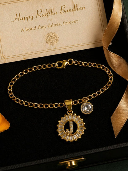 A TO Z Alphabet Circular Crystal Charm Initial Name Lumba Rakhi Bracelet For Bhaiya Bhabhi