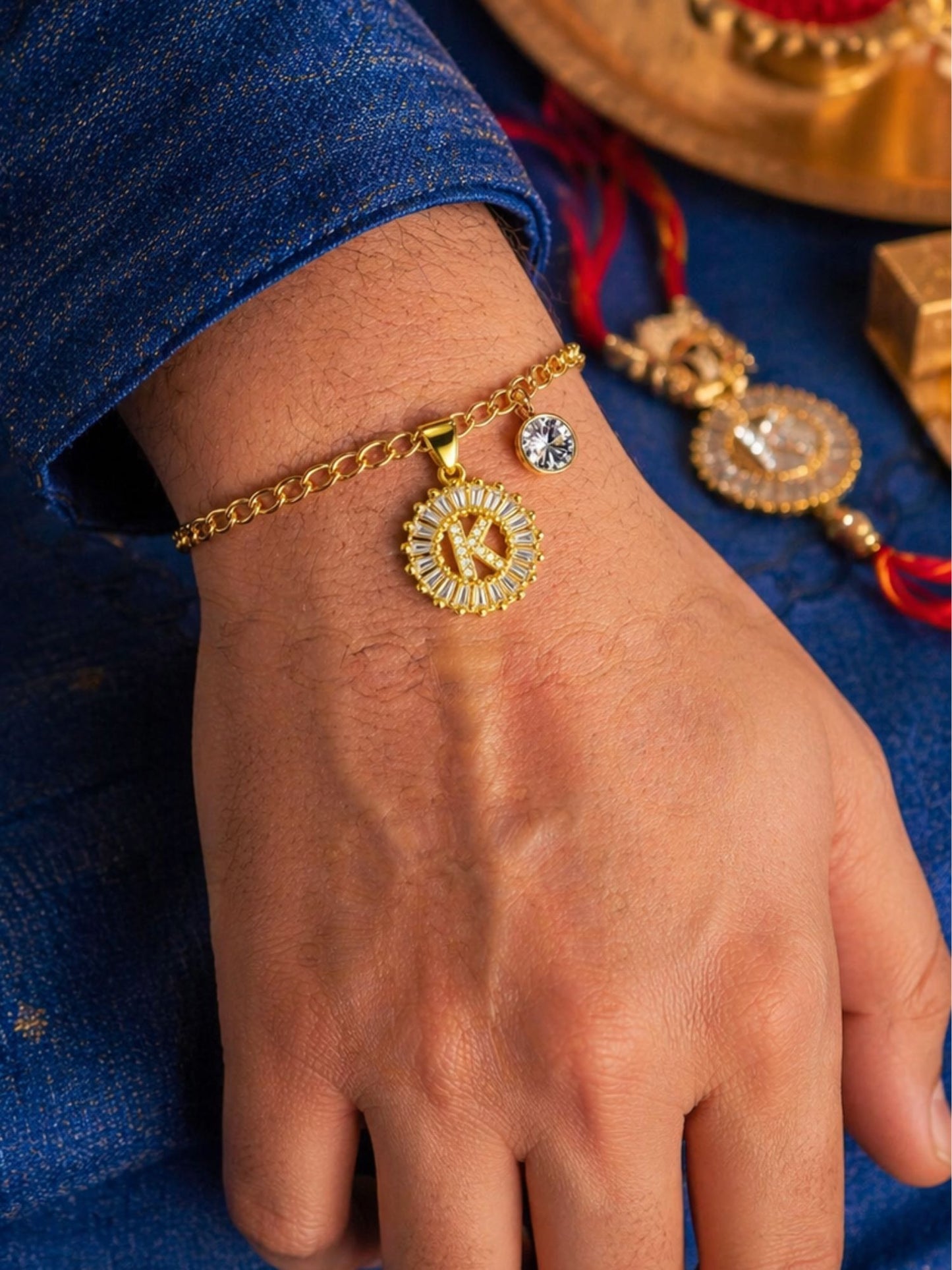 A TO Z Alphabet Circular Crystal Charm Initial Name Lumba Rakhi Bracelet For Bhaiya Bhabhi