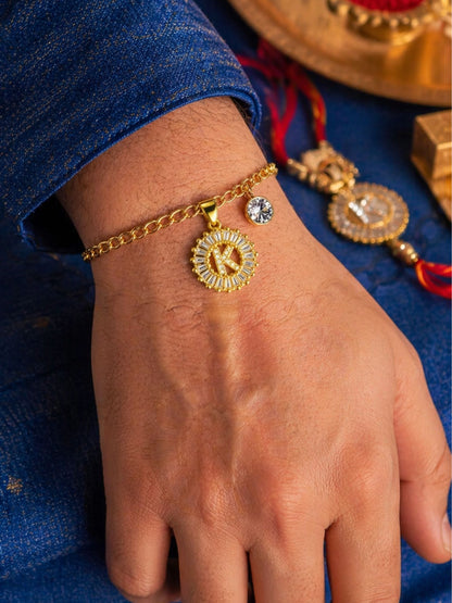 A TO Z Alphabet Circular Crystal Charm Initial Name Lumba Rakhi Bracelet For Bhaiya Bhabhi