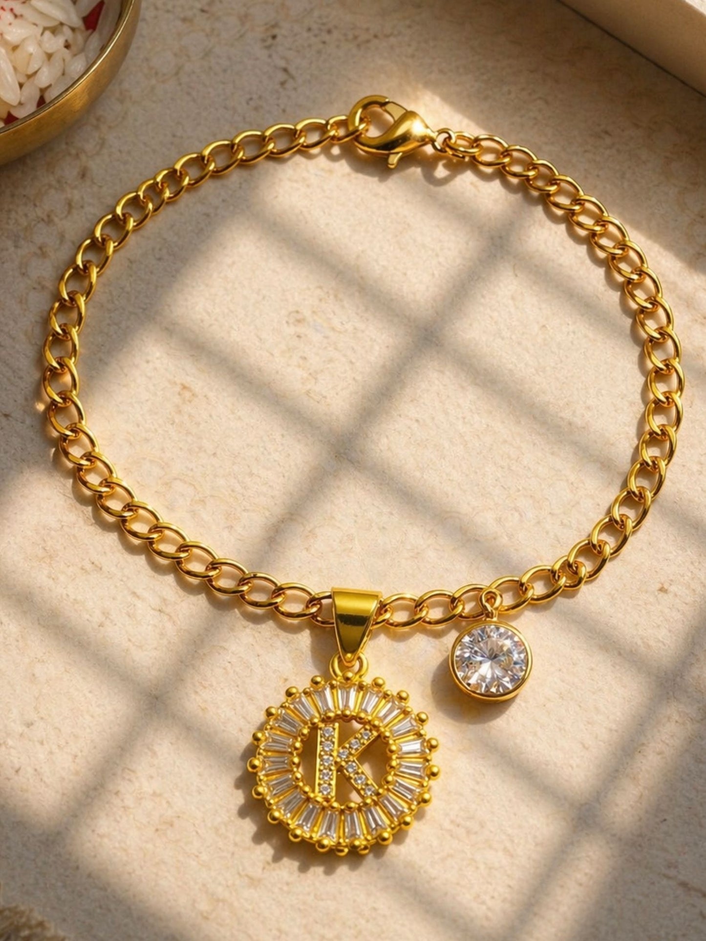 A TO Z Alphabet Circular Crystal Charm Initial Name Lumba Rakhi Bracelet For Bhaiya Bhabhi