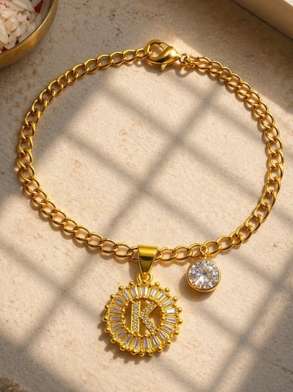 A TO Z Alphabet Circular Crystal Charm Initial Name Lumba Rakhi Bracelet For Bhaiya Bhabhi