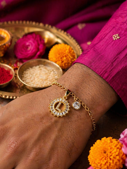 A TO Z Alphabet Circular Crystal Charm Initial Name Lumba Rakhi Bracelet For Bhaiya Bhabhi