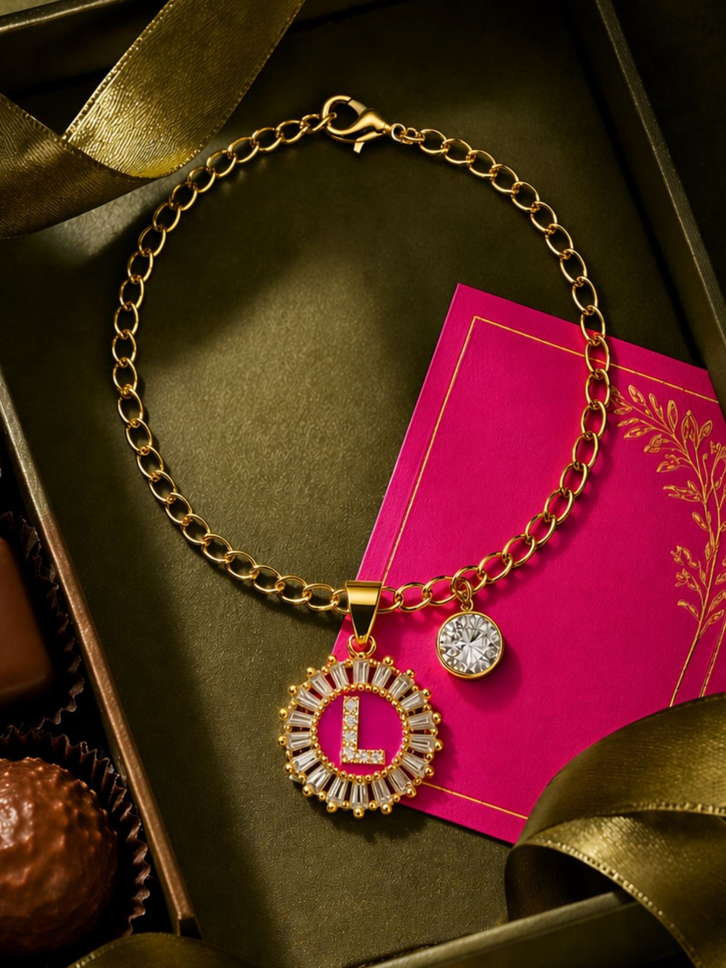 A TO Z Alphabet Circular Crystal Charm Initial Name Lumba Rakhi Bracelet For Bhaiya Bhabhi