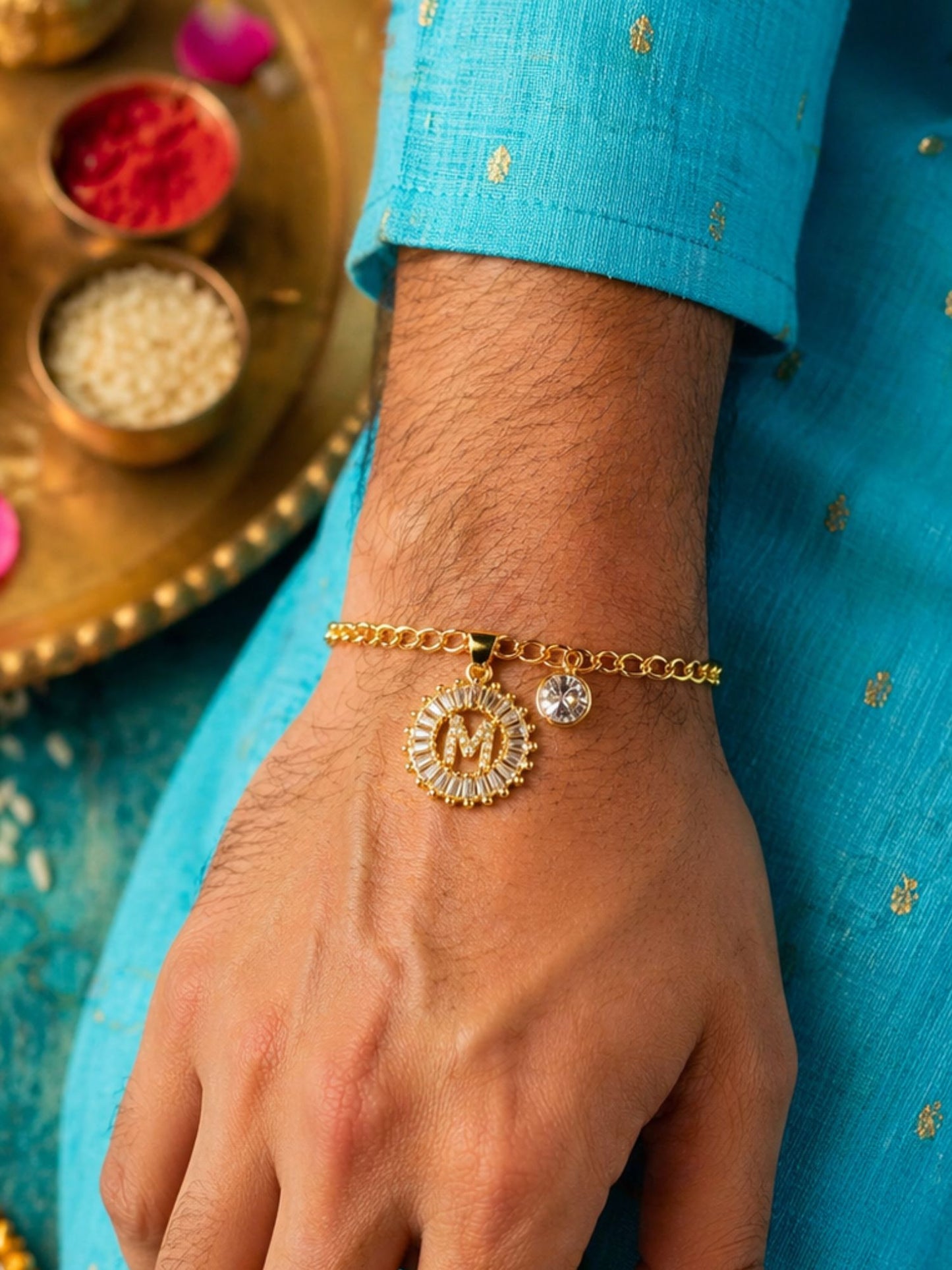 A TO Z Alphabet Circular Crystal Charm Initial Name Lumba Rakhi Bracelet For Bhaiya Bhabhi