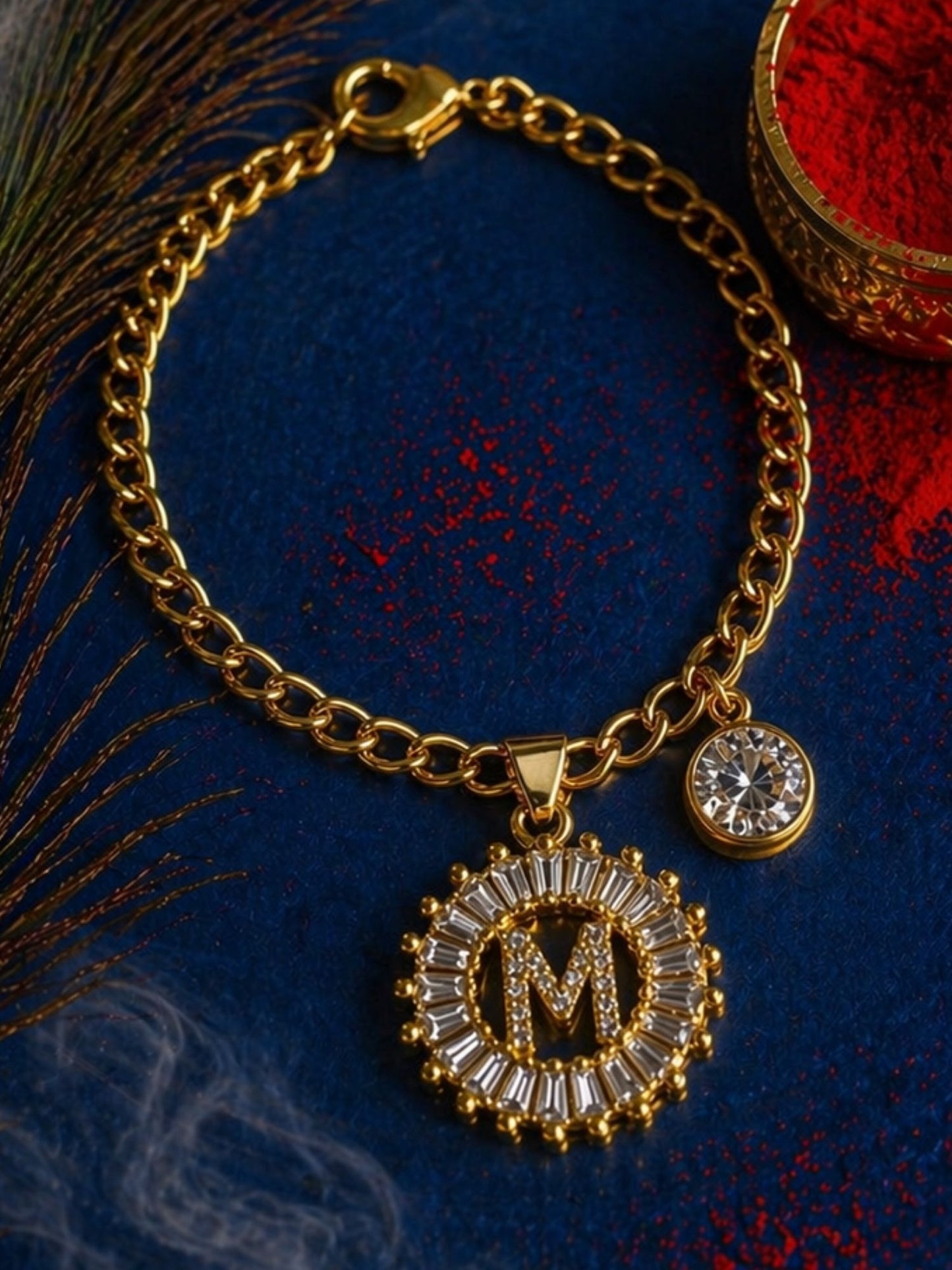 A TO Z Alphabet Circular Crystal Charm Initial Name Lumba Rakhi Bracelet For Bhaiya Bhabhi