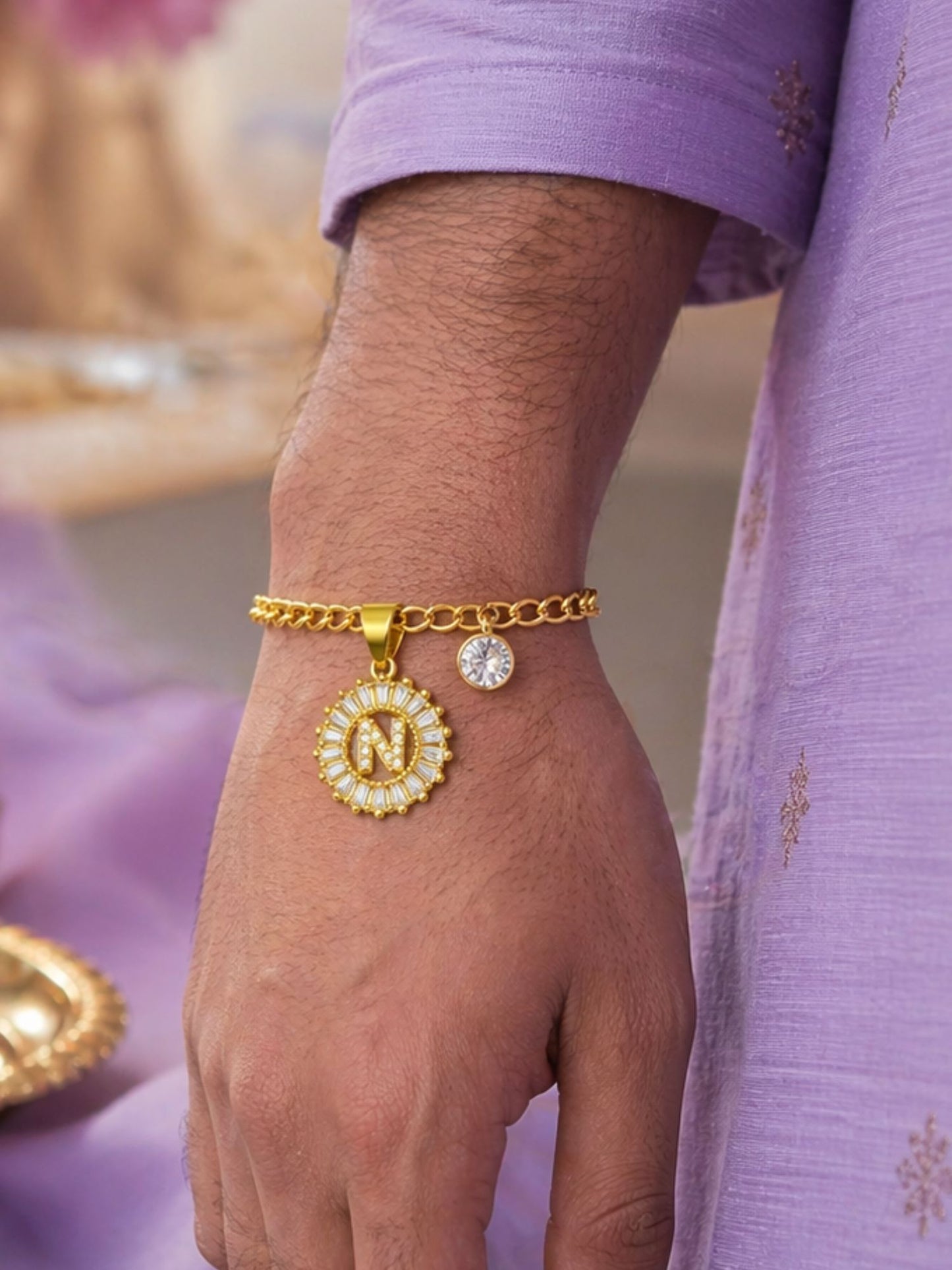 A TO Z Alphabet Circular Crystal Charm Initial Name Lumba Rakhi Bracelet For Bhaiya Bhabhi