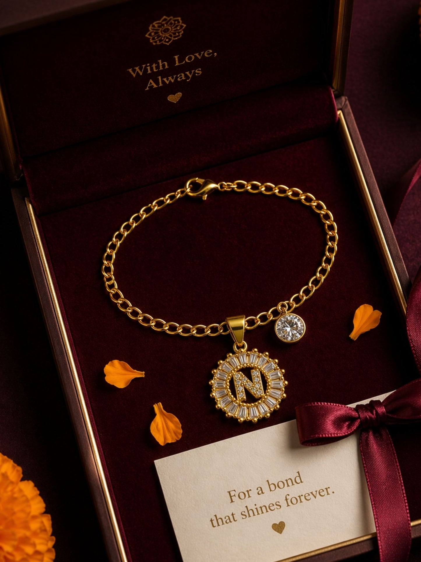 A TO Z Alphabet Circular Crystal Charm Initial Name Lumba Rakhi Bracelet For Bhaiya Bhabhi