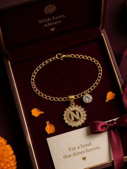 A TO Z Alphabet Circular Crystal Charm Initial Name Lumba Rakhi Bracelet For Bhaiya Bhabhi