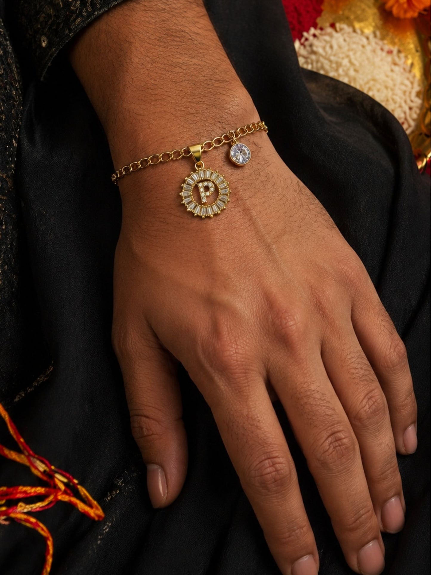 A TO Z Alphabet Circular Crystal Charm Initial Name Lumba Rakhi Bracelet For Bhaiya Bhabhi