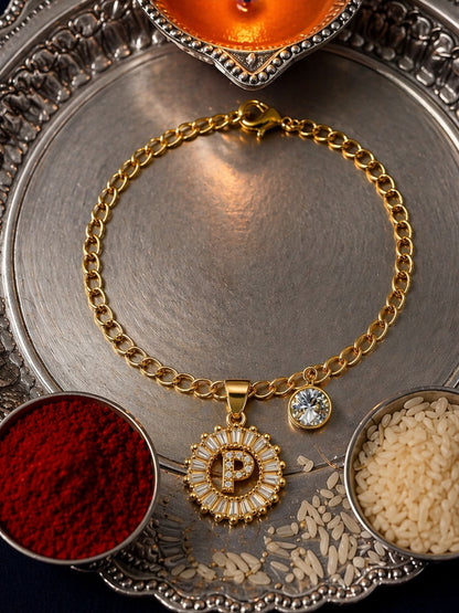 A TO Z Alphabet Circular Crystal Charm Initial Name Lumba Rakhi Bracelet For Bhaiya Bhabhi